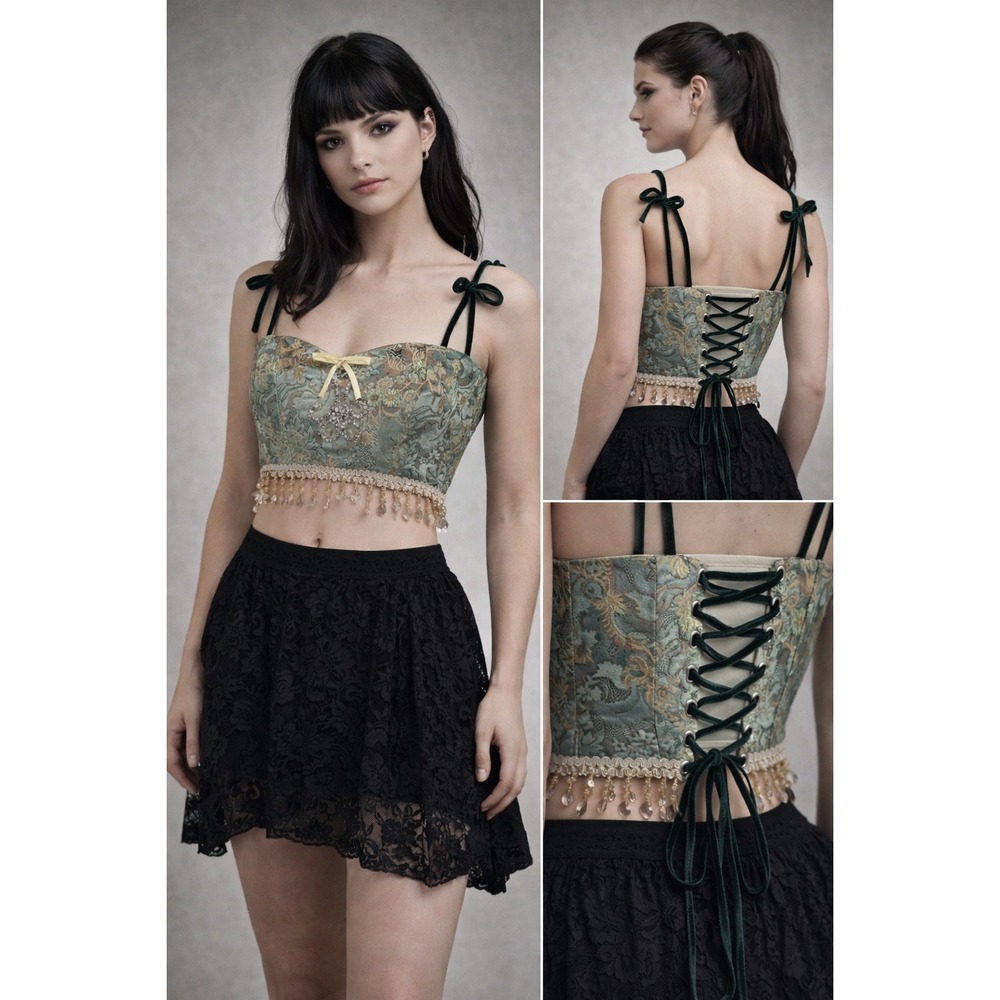 Upcycled Vintage Brocade Corset Crop Lace Up Back Sage Green Coquette Fairycore